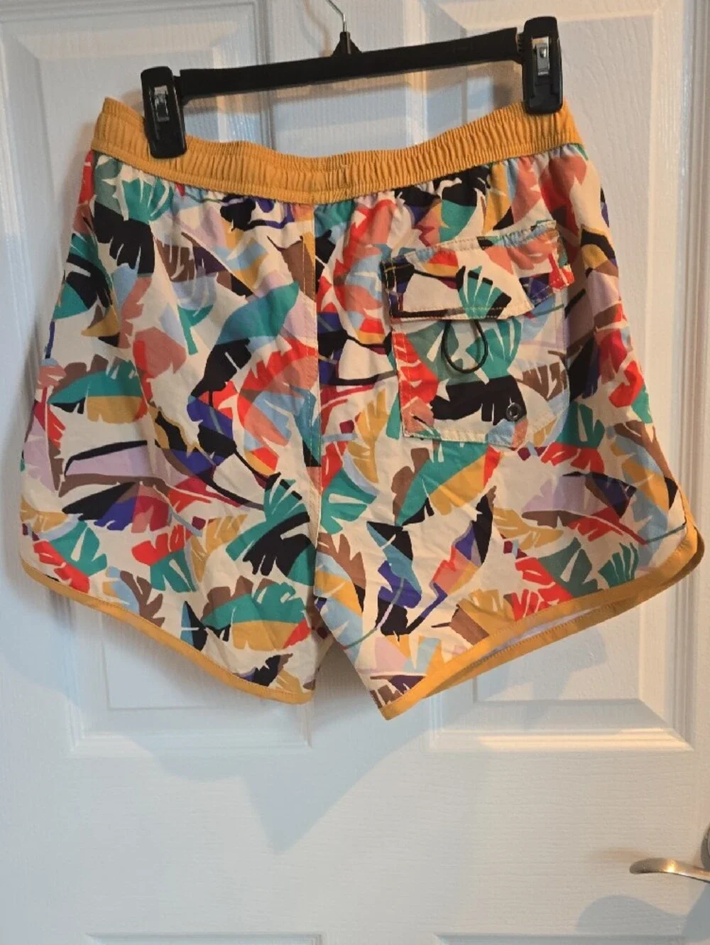 Men's Multi-Color Tropical Print Athletic Swim Shorts with Mustard Trim